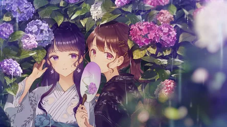 Two Anime Girls Among Blooming Hydrangeas - free anime wallpaper 1920×1080