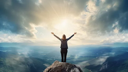 Woman With Arms Raised Standing on Mountain Peak - free people & portraits wallpaper 3840×2160