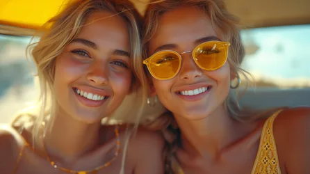 Two Young Women Smiling in Golden Sunlight - free people & portraits wallpaper 8792×4928