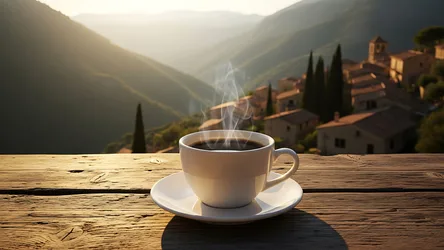Steaming Coffee Cup Overlooking Tuscan Valley - free food wallpaper 3840×2160