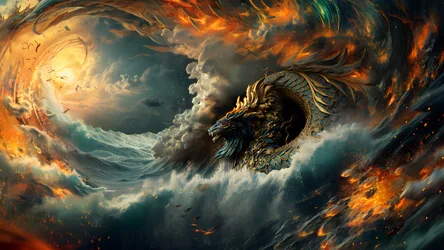 Majestic Dragon Emerging From Fiery Clouds and Waves - free fantasy wallpaper 3840×2160