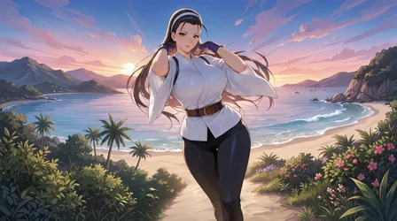 Woman in White Shirt Overlooking Tropical Beach at Sunset - free wallpaper 3840×2143