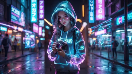 Neon Cyberpunk Girl With Camera in Futuristic City Street - free wallpaper 3840×2143