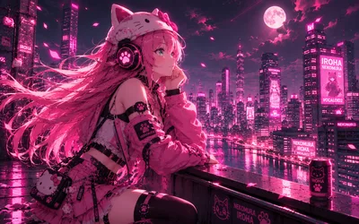 Neon Cyberpunk Anime Girl in Pink Futuristic City - free anime wallpaper 3840×2400