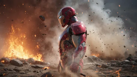 Iron Man Suit in Apocalyptic Fiery Wasteland - free wallpaper 5120×2880