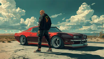 Man Standing by Red and Black Sports Car in Desert - free art & design wallpaper 3840×2177