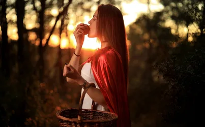 Woman in Red Cape with Basket at Sunset in Forest - free people & portraits wallpaper 7680×4759