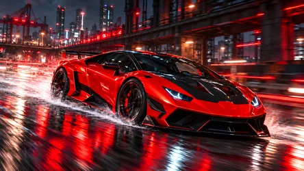 Red Supercar Racing Through Neon-Lit Urban Night - free wallpaper 7680×4322