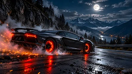 Lamborghini Supercar with Glowing Red Wheels in Mountain Night - free wallpaper 7680×4322
