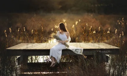 Woman in White Dress Sitting on Wooden Dock - free people & portraits wallpaper 2048×1226