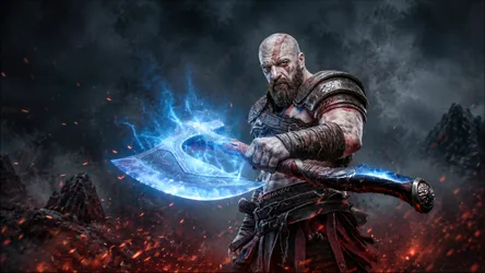 Warrior with Glowing Blue Axe in Fiery Battle Scene - free gaming wallpaper 3840×2161