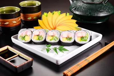 Sushi Roll Platter with Tea and Chopsticks - free food wallpaper 2200×1468