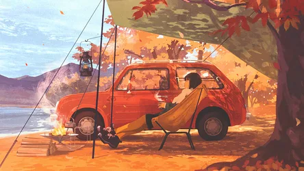 Autumn Camping by the Lake - free art & design wallpaper 1920×1080