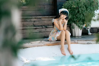 Xiaoyang by the Swimming Pool in a Floral Dress - free photography wallpaper 8640×5760