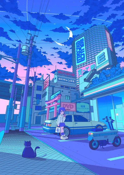 Midnight Street in Neon Blue City - free anime wallpaper 3840×5430