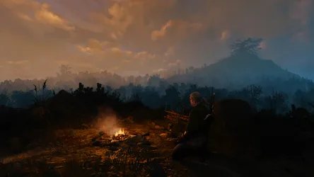 Geralt of Rivia by the Campfire at Sunset - free wallpaper 3840×2160