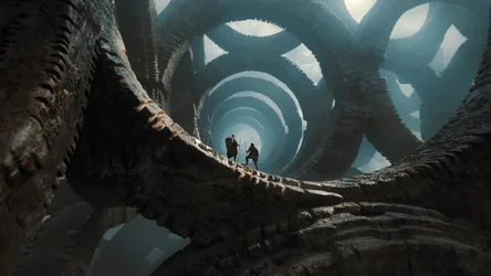 Explorers in the Surreal Colossal Archway - free fantasy wallpaper 3840×2160