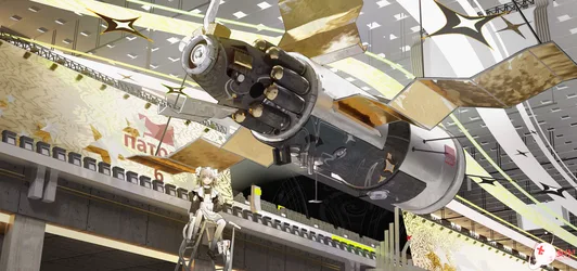 Satellite Museum Interior with Character in White Outfit - free anime wallpaper 9188×4320