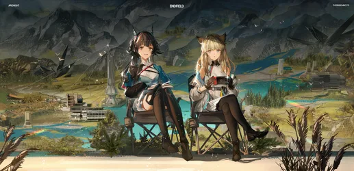 Chen Qianyu and Perlica Overlooking Endfield in Arknights - free anime wallpaper 8100×3917
