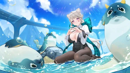 Lynette in Genshin Impact with Seals by the Water - free anime wallpaper 5000×2813