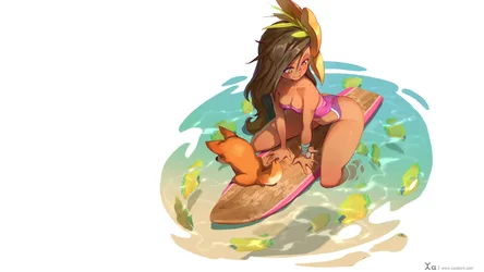 Tropical Beach Surfer Girl with Orange Dog - free art & design wallpaper 3840×2160