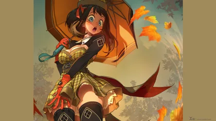 Autumn Day With Umbrella And Falling Leaves - free anime wallpaper 3840×2160