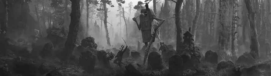 Halloween Forest Procession in Monochrome - free dark wallpaper 7113×2000