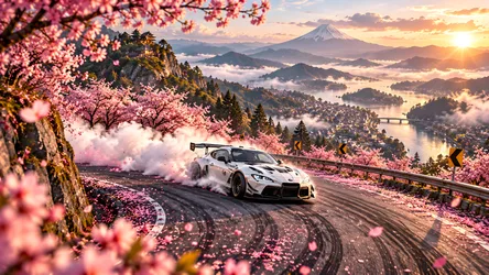 Sports Car Drifting Through Cherry Blossoms with Mt. Fuji - free cars & vehicles wallpaper 8360×4705