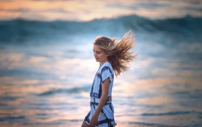 Girl In Blue Dress By Ocean At Sunset - free wallpaper 2048×1288