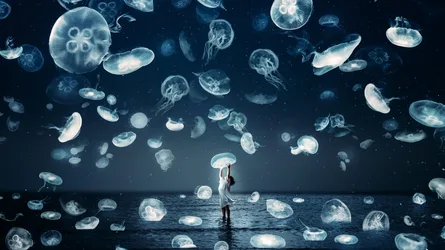 Figure in Water Surrounded by Glowing Jellyfish - free fantasy wallpaper 2000×1124