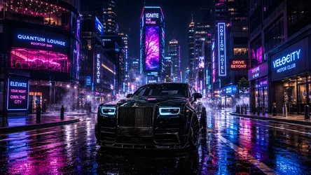 Luxury Car on Neon-Lit Cyberpunk City Street - free cars & vehicles wallpaper 7680×4322