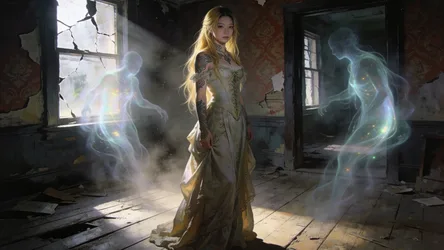 Woman in Golden Gown with Ethereal Spirits in Abandoned Room - free fantasy wallpaper 7680×4316