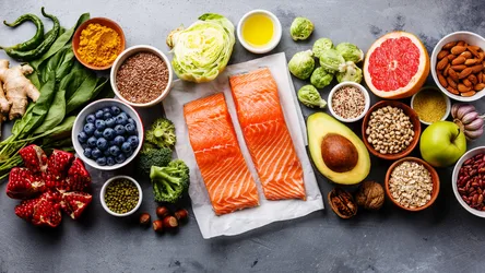 Healthy Foods Flat Lay with Salmon and Vegetables - free food wallpaper 5760×3239