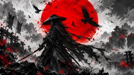 Dark Warrior Against Red Moon in Asian Landscape - free art & design wallpaper 8360×4705
