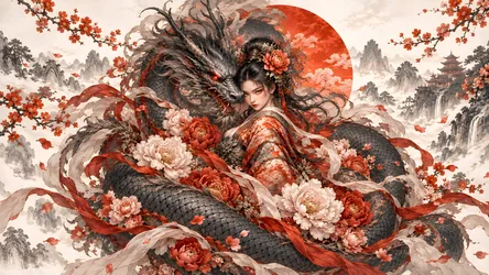 Woman with Dragon in Red Floral Landscape - free art & design wallpaper 8360×4705