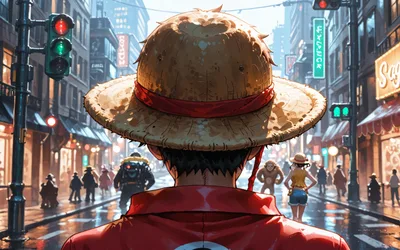 Anime Character With Straw Hat in Urban Street - free cartoons & comics wallpaper 3840×2400