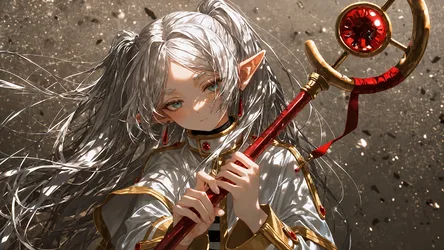 White-Haired Elf with Ornate Staff and Red Gem - free wallpaper 2560×1440