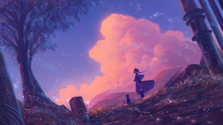 # Anime Girl Among Clouds and Ancient Ruins - free wallpaper 2074×1166