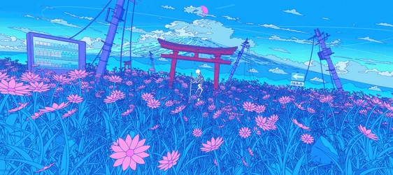 Pink Flowers Blooming Under Mount Fuji's Torii Gate - free anime wallpaper 3840×1707