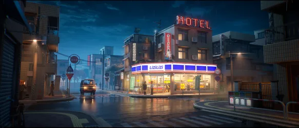 Rainy Night in a Japanese City Street - free city & urban wallpaper 3840×1646