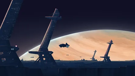 Spaceship Landing on Desert Planet Tower Outpost - free space wallpaper 3200×1800
