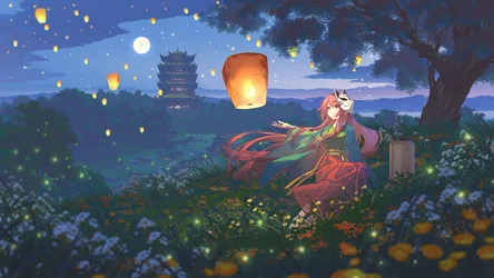Hata no Kokoro Under the Sky Lanterns - free anime wallpaper 3200×1800