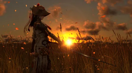Samurai Warrior at Sunset in the Grain Field - free wallpaper 3840×2133