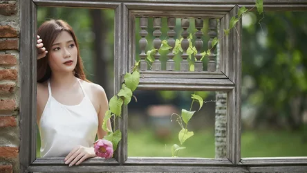 Woman in White Dress Framed by Wooden Window - free people & portraits wallpaper 4666×2625