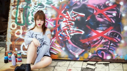 Woman Posing Before Colorful Graffiti Wall - free people & portraits wallpaper 7680×4320