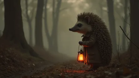 Hedgehog Holding Glowing Lantern in Misty Forest - free animals wallpaper 3840×2160