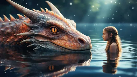 Girl and Dragon in Mystical Water Meeting - free wallpaper 3840×2160