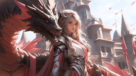 Warrior Woman with Dragon in Fantasy Castle - free fantasy wallpaper 3840×2160