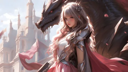 Woman With Dragon in Fantasy Castle Setting - free fantasy wallpaper 3840×2160