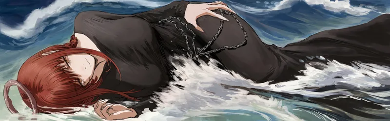 Makima from Chainsaw Man Lying in Water - free anime wallpaper 4096×1280